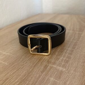 H&M Black Leather Belt with Gold Square Buckle